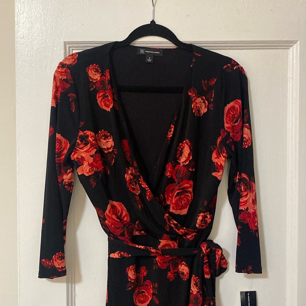 I.N.C Black Claudia RosesWrap Dress, M
